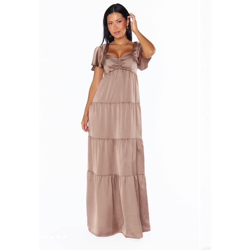 Show Me Your Mumu Nicole Maxi Dress Bronze Satin Tiered Smocked Back Medium
